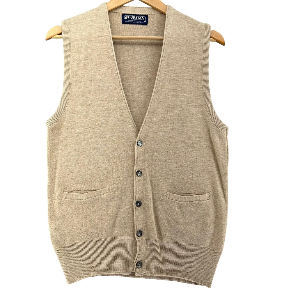 VTG Puritan Tan V Neck Button Front Sleeveless Knit Vest Sweater M Indie USA